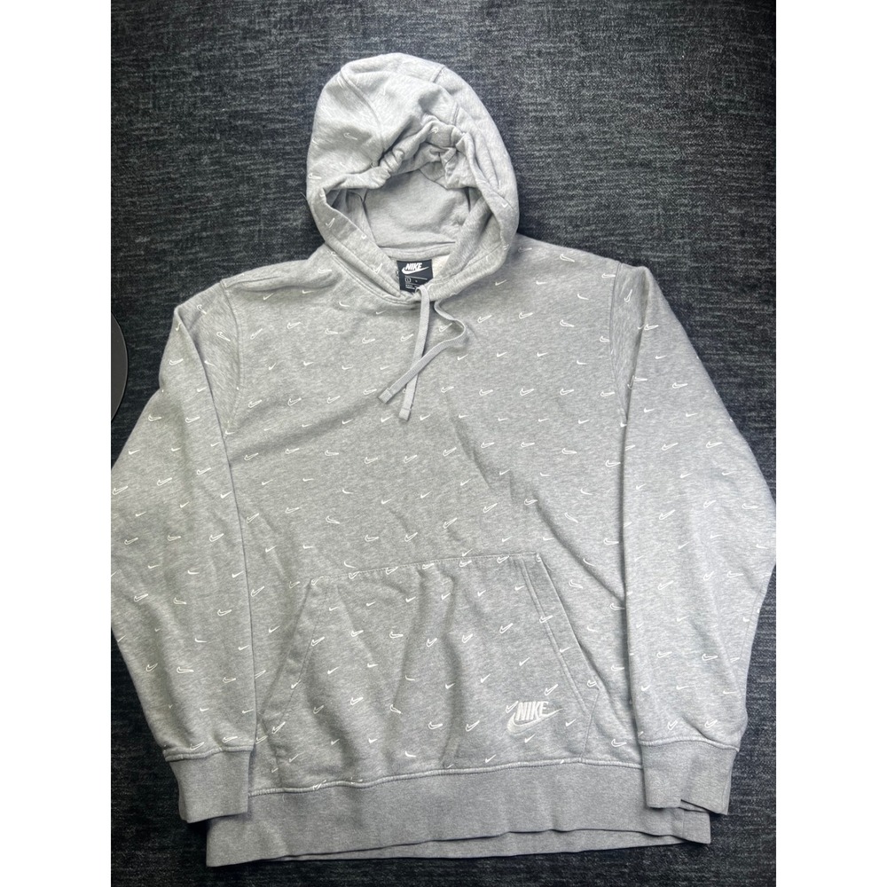 Nike Hoodie Mens Large Gray All Over Swoosh Print Pullover Sweatshirt Fleece